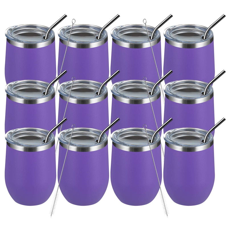MEWAY 12oz/12 Pack Wine Tumbler Glasses with Lid -Double Wall Vacuum Stainless Steel Travel Tumbler Mug,Stemless Insulated Wine Cup for,Coffee,Cocktails,Gifts (Purple,Set of 12) - Image 1